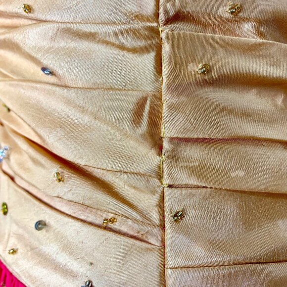 Gold & Pink Halter Formal Ball Gown Beaded Bodice Lace-Up Corset Back Kiss Kiss - Picture 9 of 14